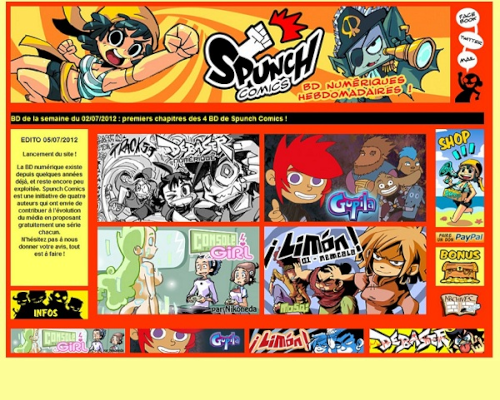 Capture d'écran du site web spunchcomics, aux couleurs dominantes rouge et jaune.